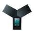 Elevate Technology overhead view of the black Polycom Trio 8800 conference phone, showing its triangular shape and central touchscreen interface.
