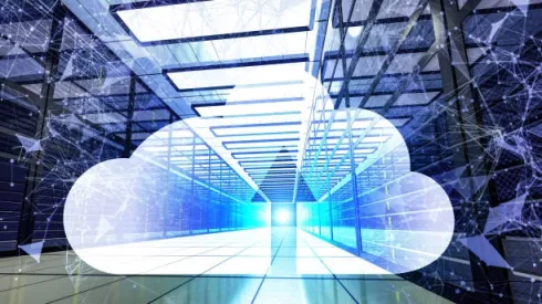 Glowing cloud icon with network mesh over data center servers, powered by Elevate Technology and Elevation Technology for cloud-based phone system scaling, Cloud PBX Phone System, Voicemail-to-email, and Hosted PBX infrastructure.