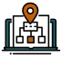 Mobile-friendly icon of a network diagram and location pin on a laptop, representing multi-location structured cabling, cloud hosting, business email, and cloud email by Elevation Technology.