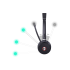 A top rated over ear headphones system, the Yealink WH66, presented on its charging stand with a large display for noise cancelling headphones functionality and controls.