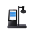 The best headset for office communication, the Yealink WH62, featuring a dual-ear design and a compact charging base.