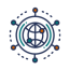 Elevate Technology icon graphic for Network Management, featuring a globe surrounded by connected nodes, symbolizing a managed and distributed network.
