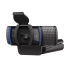 Elevate Technology side view of the black Logitech C920S HD Pro Webcam with the privacy shutter open and blue accents on the sides.