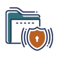 A line art icon of a folder with a security shield that has a keyhole in the middle. The shield has circular waves radiating from it. This icon represents a secure, tamper-free storage service by Elevate Technology.