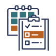 A line art icon featuring a clipboard with a checkmark on a list, and a calendar in the background. This graphic represents Elevate Technology's feature for creating custom retention policies for data.
