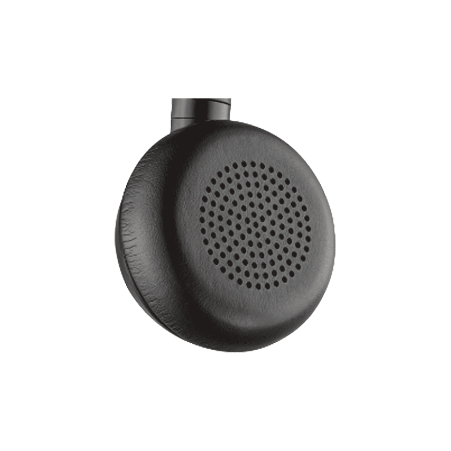 Elevate Technology close-up of a black headset earcup with a perforated speaker grille.