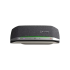 Elevate Technology front view of a gray Poly Sync 20 portable speakerphone with a fabric grille, a bright green LED light bar, and touch controls.