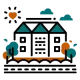 Icon of a school or government building with trees and a heart-centered sun, representing public sector services, cloud hosting, business email, and cloud email by Elevation Technology.
