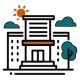 An icon of an office building with a sun and clouds, representing managed IT and low-voltage wiring for commercial businesses.
