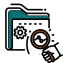 Magnifying glass inspecting a folder icon, representing Elevate Technology and Elevation Technology data analysis for cloud-based phone system, Cloud PBX Phone System, Voicemail-to-email, and Hosted PBX infrastructure.